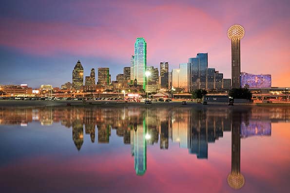 Dallas Skyline Reflected In Trinity River At Sunset